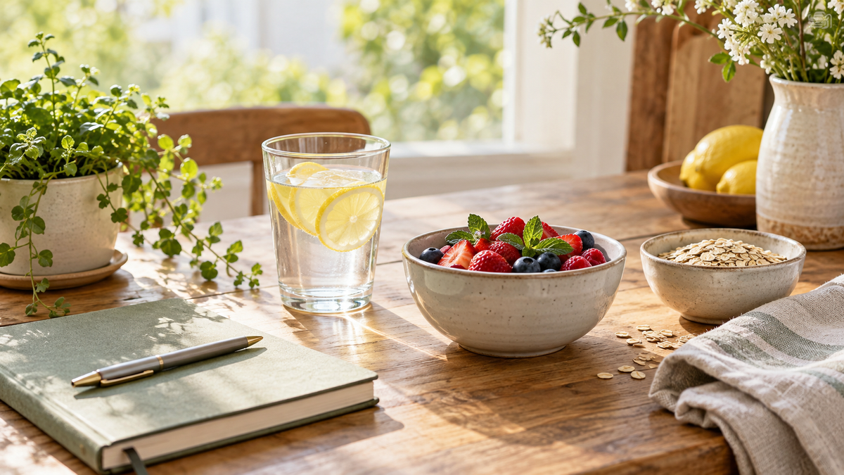 Everyday wellness routine with lemon water, fresh berries, oats, and a journal