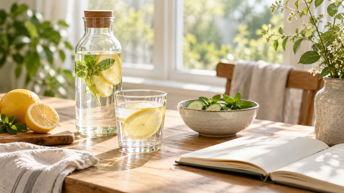 Lemon and mint water on a sunlit table for everyday hydration habits
