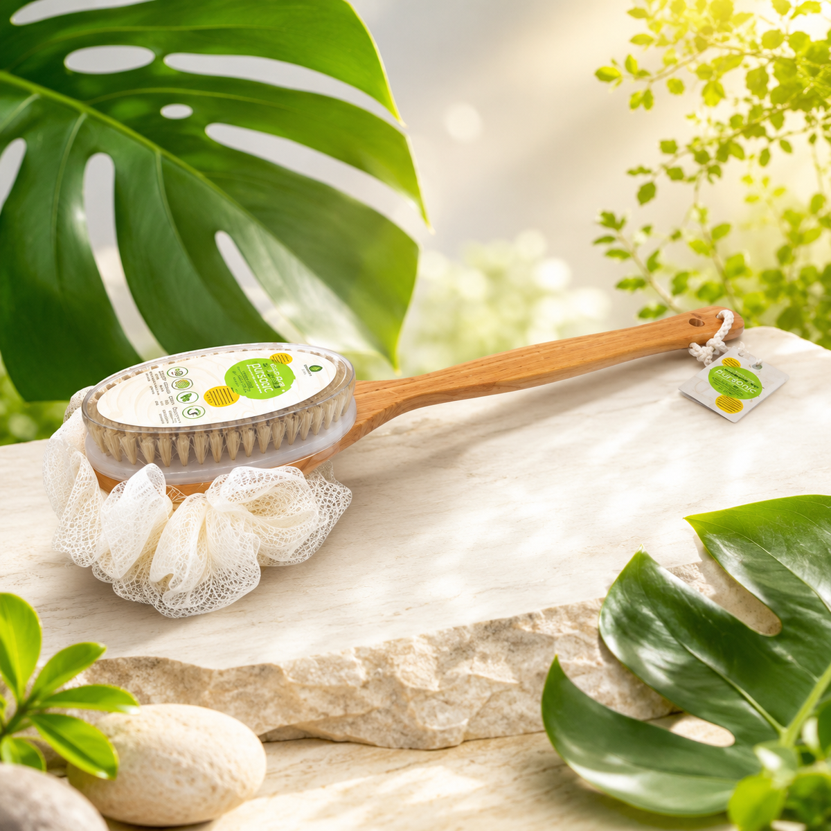 Pursonic - Dry Brush & Mesh Sponge Combo with Lotus Wooden Handle Dual Action